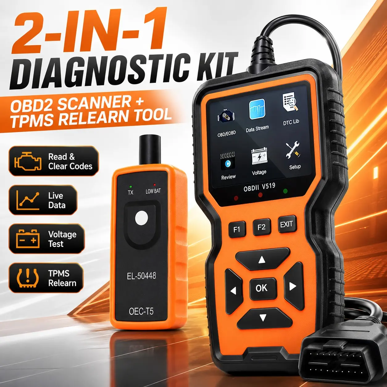 2-In-1 Car Diagnostic Kit, V520 Obd2 Scanner, EL50448 Tpms Reset Tool, Engine Fault Code Reader, Live Data, Dtc Library, Battery Voltage Check