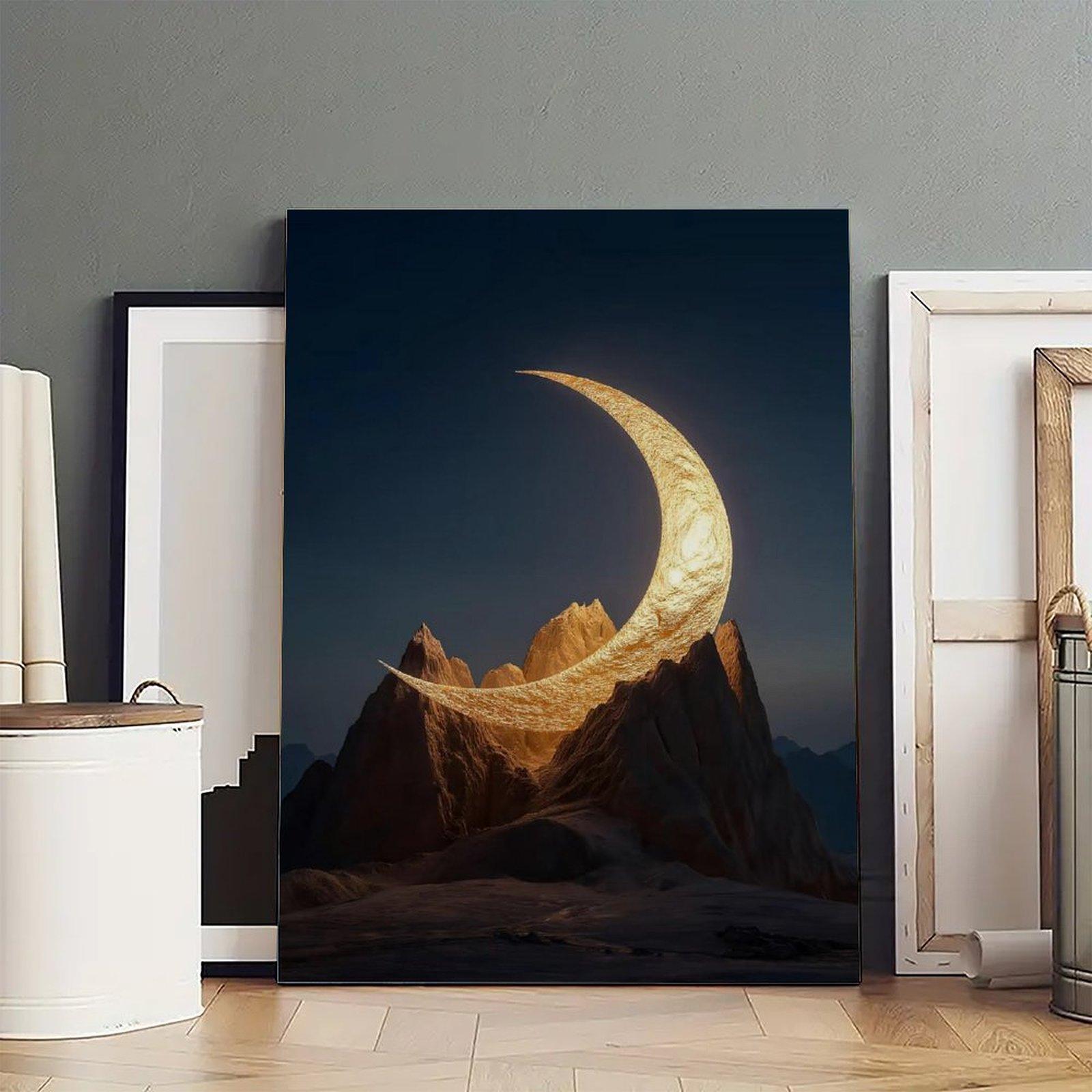 Golden Crescent Moon Over Mountains Artistic Wall Decor, Waterproof Canvas Poster, Cute And Vibrant Poster for Bathroom, Living Room, Bedroom, Dorm, A Perfect Gift Idea for New Year Home Decor