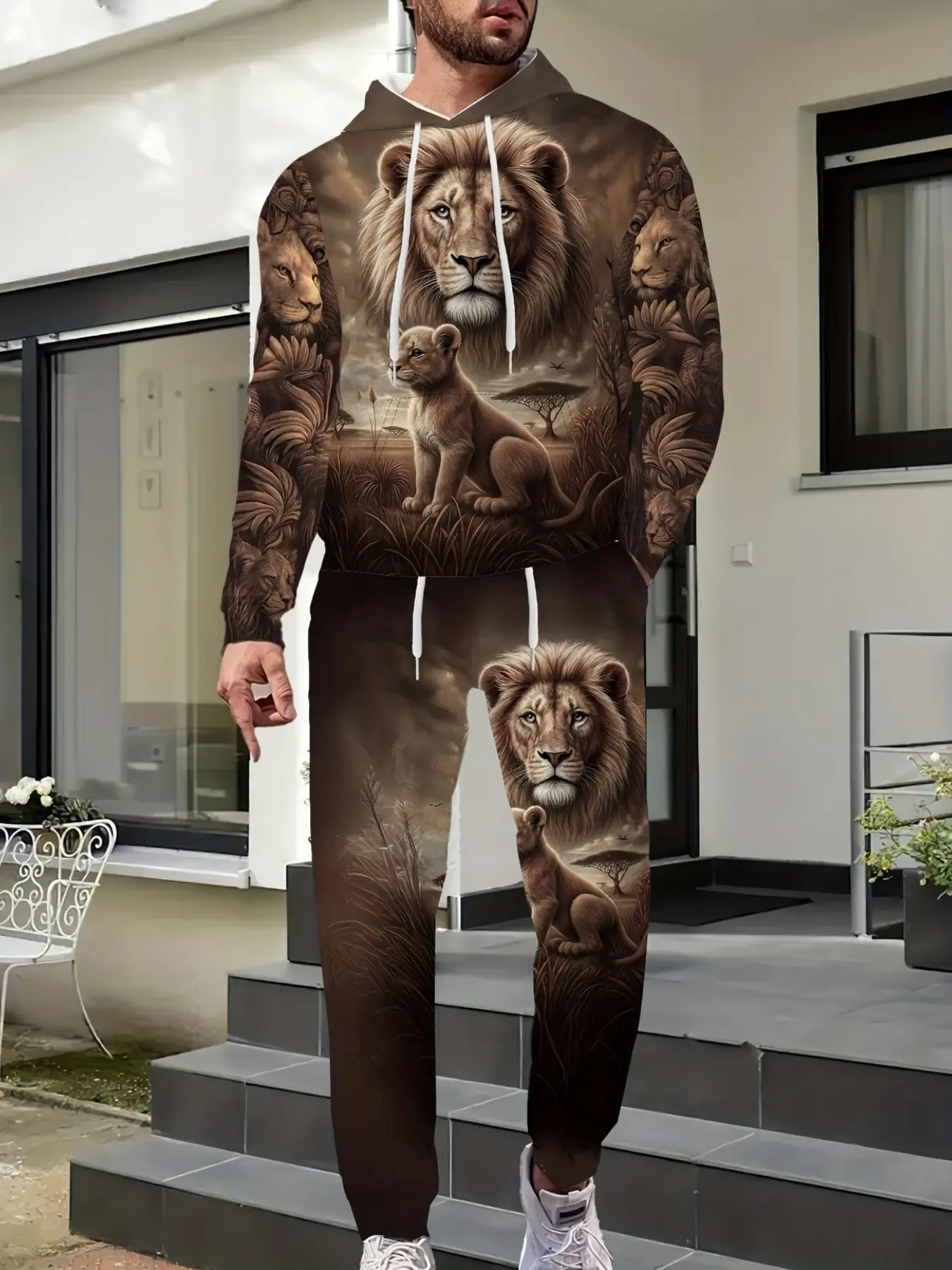 Men's 2-Piece Fashion Lion Print Sweatshirt Set, Casual Long Sleeve Ankle-Length Pants, Ideal for Outdoor Activities & Streetwear