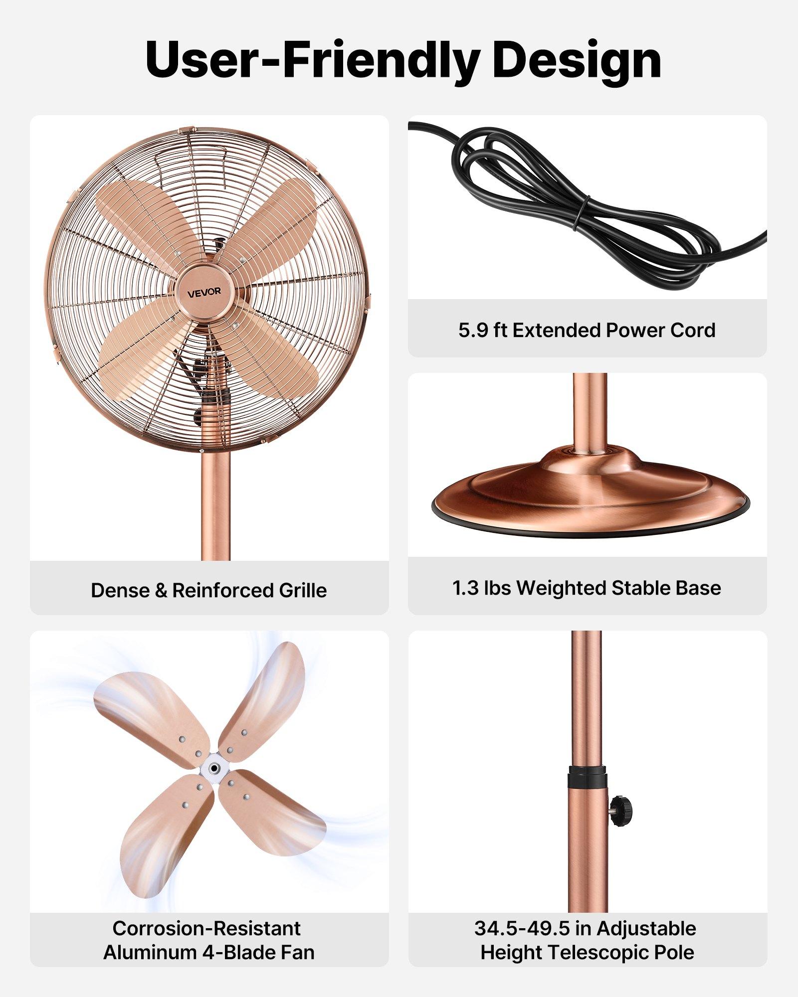 VEVOR 16-Inch High Velocity Pedestal Fan, 1450 CFM Industrial Standing Floor Fan with Handle, 75 °   Oscillating, 3-Speed Adjustable Height, Metal Made for Commercial, Garage, Workshop, Home, Copper