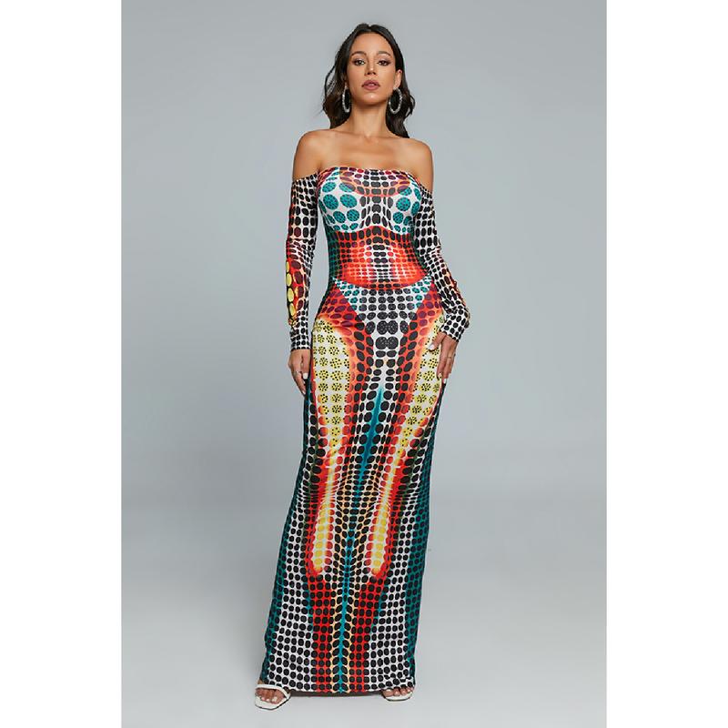 Off-shoulder Printed bodycon Dress Casual Comfort Womenswear Lady Casual Long Sleeve Maxi DRESS