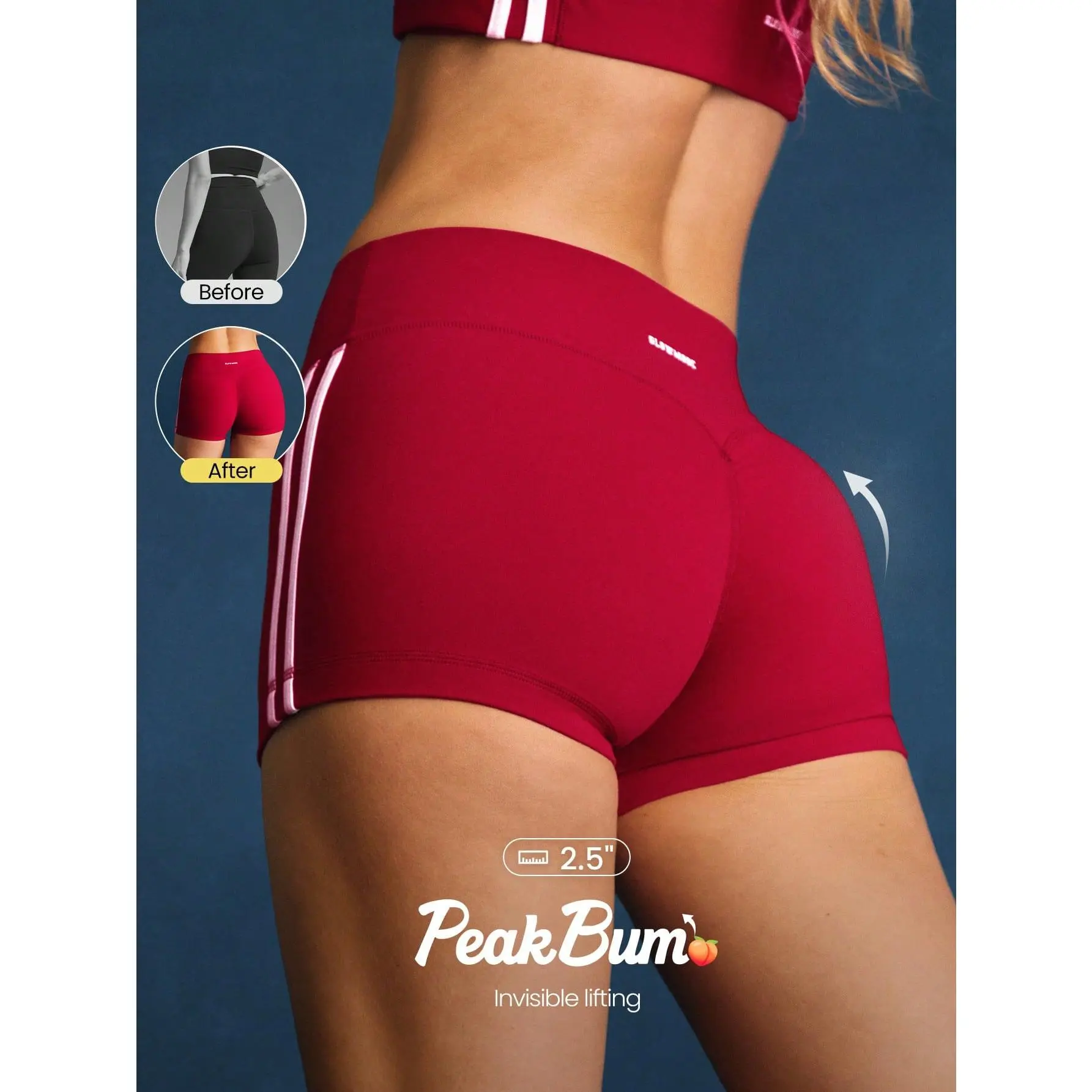 GLOWMODE 4.3" FeatherFit Bold Energy Low-Rise Waist Peakbum Invisible Butt Lifting Side Stripes Biker Shorts Low Impact Yoga Pilates Studio Daily Active Wear