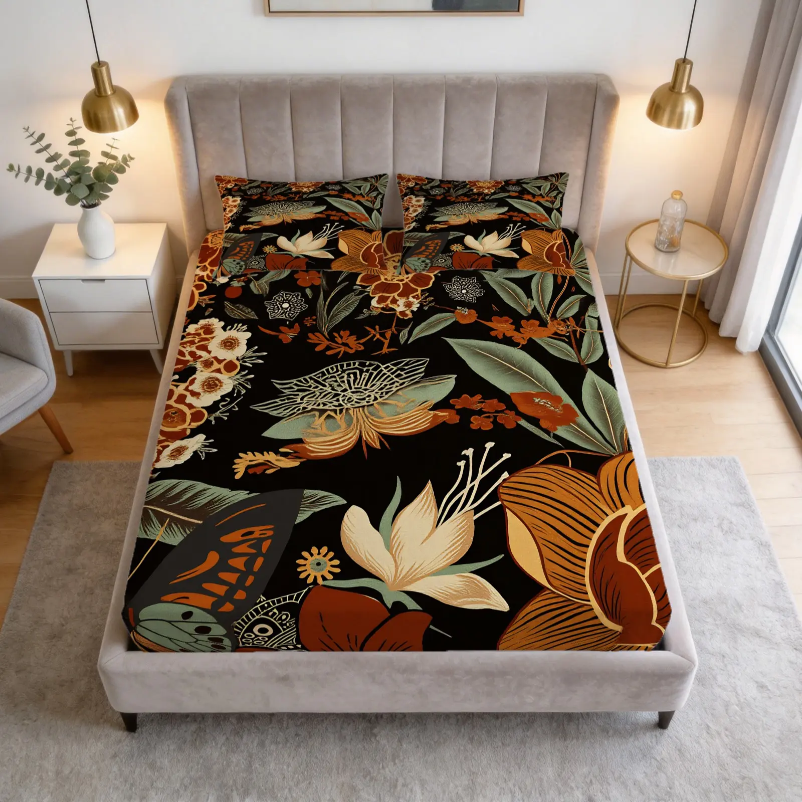 3-Piece Bohemian Floral Pattern Fitted Sheet Set, Soft And Comfortable Bedding Set, Including 1 Sheet And 2 Pillowcases (Pillow Inserts Not Included), Suitable For Teenagers And Adults, Bedroom, Apartment, Dormitory Scene