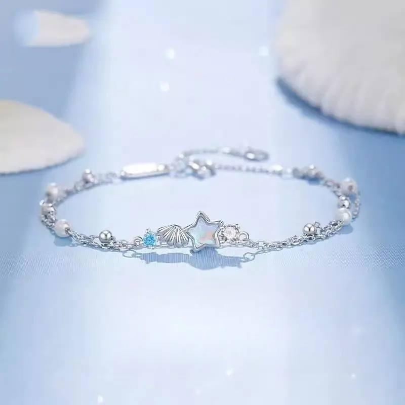 Ocean Starfish Shell Bracelet Silver Plated Double Layer Layered Chain Bracelets Cute Blue Crystal Small Faux Pearl Beach Mermaid Wave Jewelry Summer Aesthetic Birthday Gifts for Women