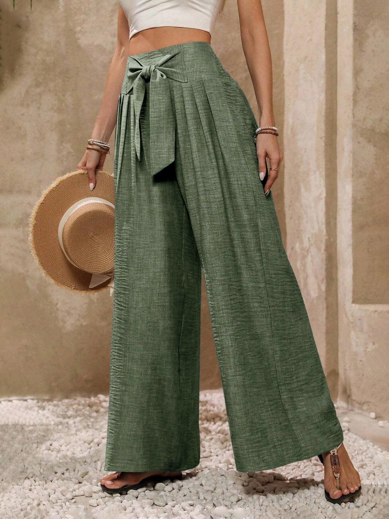 Stylish Women's Loose-Fitting High Waist Flowy Wide Leg Pants with Bow, Elegant All Seasons Casual Trousers for Office & Daily Wear Loose Legged Pants