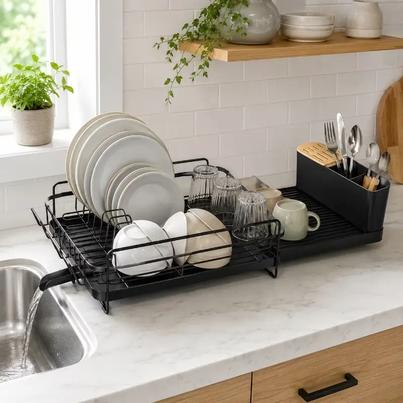 Generic Expandable Dish Drying Rack with Drainboard, Stainless Steel Dish Rack and Drainboard Set with Knife Cutlery Holder for Kitchen Countertop