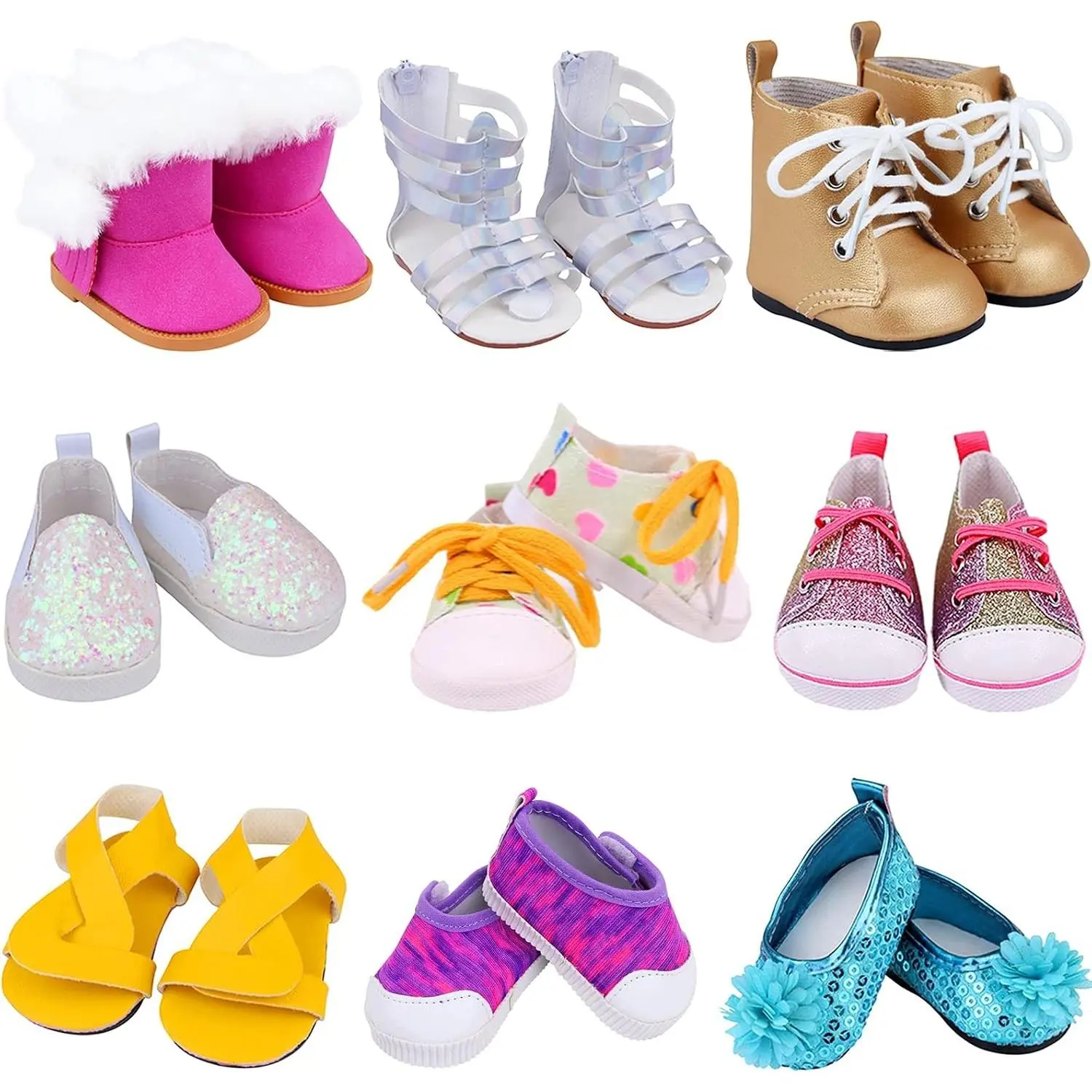 18 Inch Girl Doll Accessories Includes 9 Pairs Random Style Shoes Fit for 18 Inch Girl Doll, Including Snow Boots, Leather Shoes, Sandals and Slipper