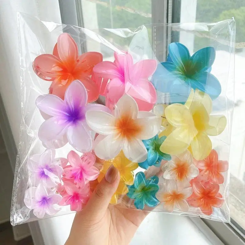Unisex 18pcs Colorful Gradient Plumeria Flower Hair Claws, Bohemian Ponytail Clips, Beach Summer Hair Accessories