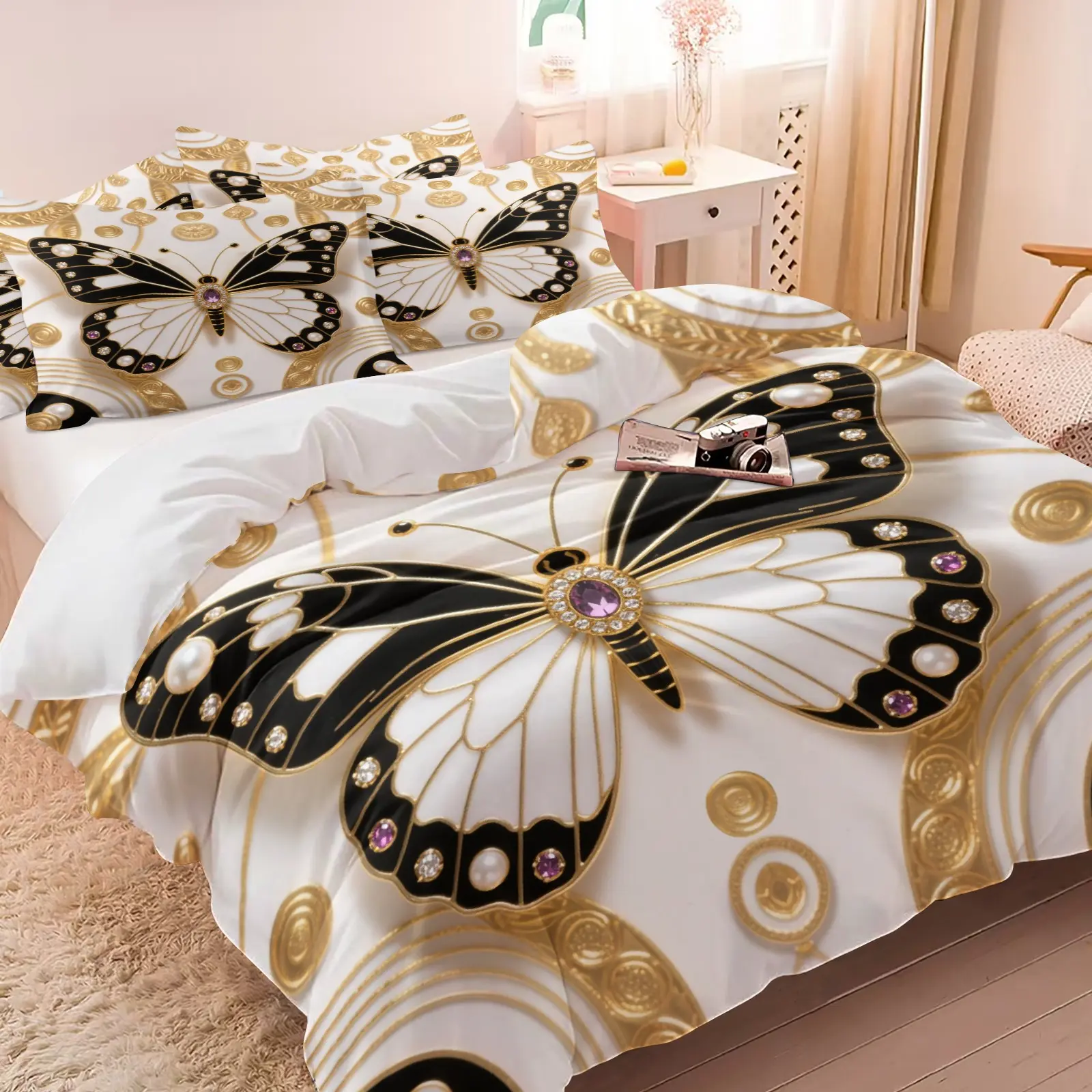 3PCS Luxury Golden Butterfly Duvet Cover Set (1 Duvet Cover + 1‑2 Pillowcases), Soft Cozy Skin‑Friendly Bedding, Black White Butterfly With Pearl Gem Golden Ornament HD Digital Print, Perfect for Elegant Modern Bedroom Decor
