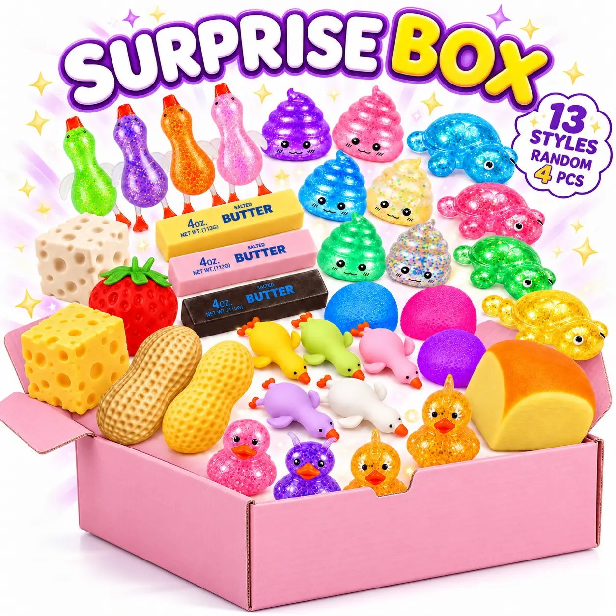 Mystery Surprise Box Squishy Toys, 4 Random Pieces from 13 Animal & Food Styles, Slow & Fast Rebound Sensory Fidget Toys, Soft Squeeze Stress Relief ASMR Toys, Party Favors and Birthday Gifts for Kids