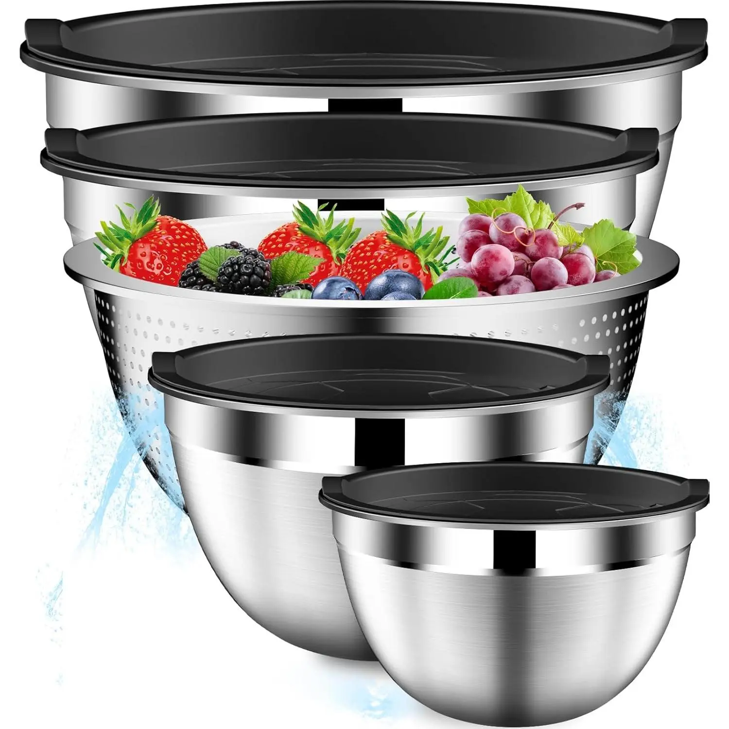 Mixing Bowls with Lids Set, Stainless Steel Mixing Bowls with Colander, Strainer with Mixing Bowl Set, Serving Bowl Kitchen Gift, Size 4.5, 2.5, 2, 1.5QT - Black