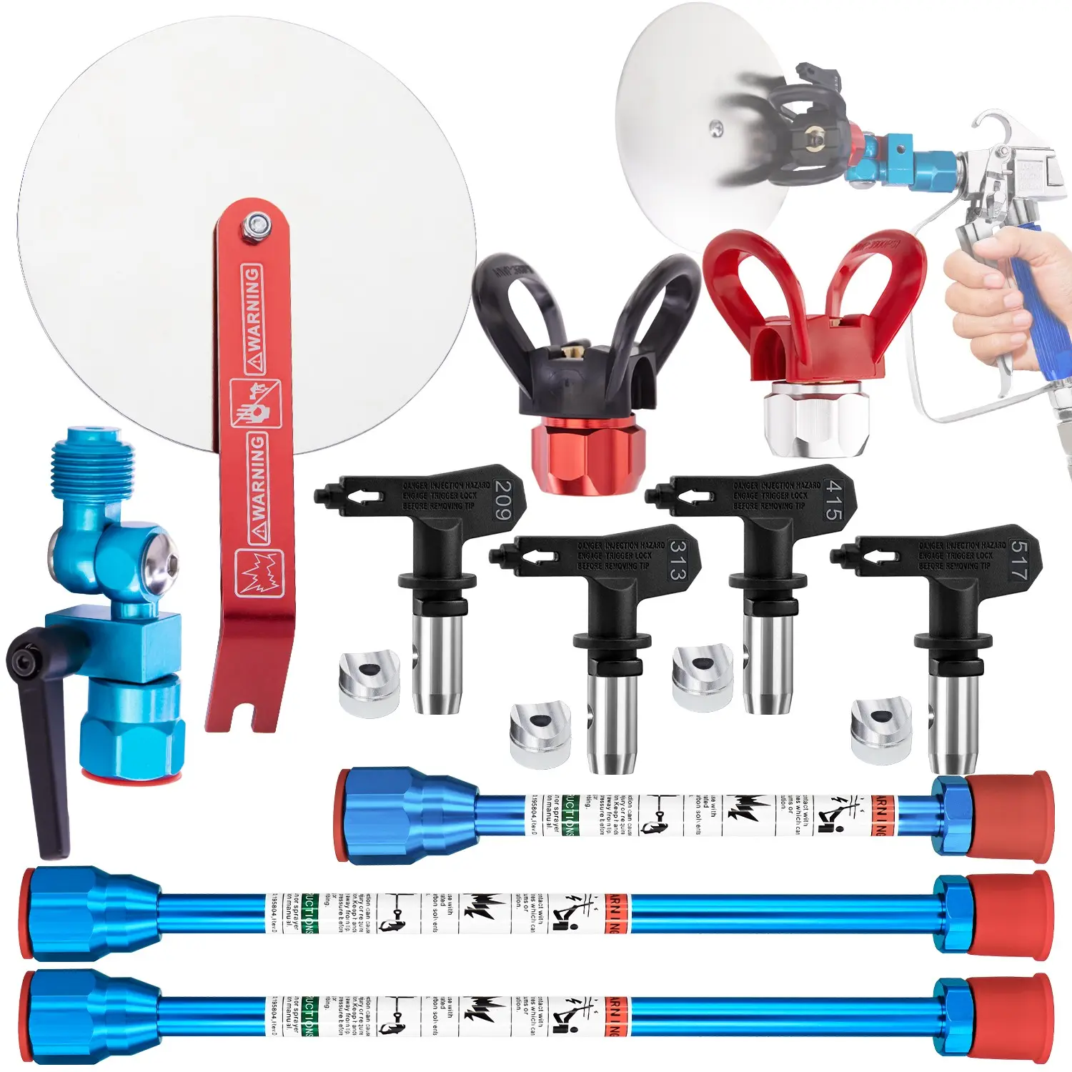 11PCS Airless Paint Sprayer Accessories Tool Set, Included 4 Nozzle (209 313 415 517)&2 Nozzle Holder &3 Spraying Gun Extension Rod(7.87/11.81/11.81inch)&Spray Guide Accessories Tool for Wall Painting & DIY Painting Work