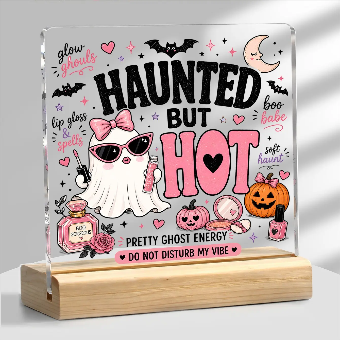 Ghost Halloween Acrylic Plaque, Wood Base Desk Sign, Room Decor, Office Decor, Small Halloween Decorations, Home Decor, Desk Decor