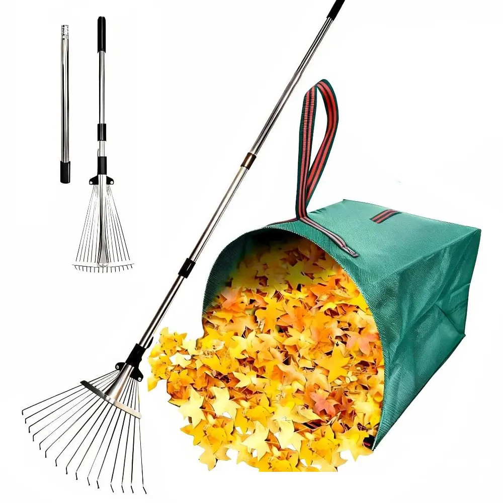 40 Gallon Leaf Collector, Adjustable Metal Rake, Detachable Leaf Rake with Collapsible Dustpan, Gardening Tool Kit