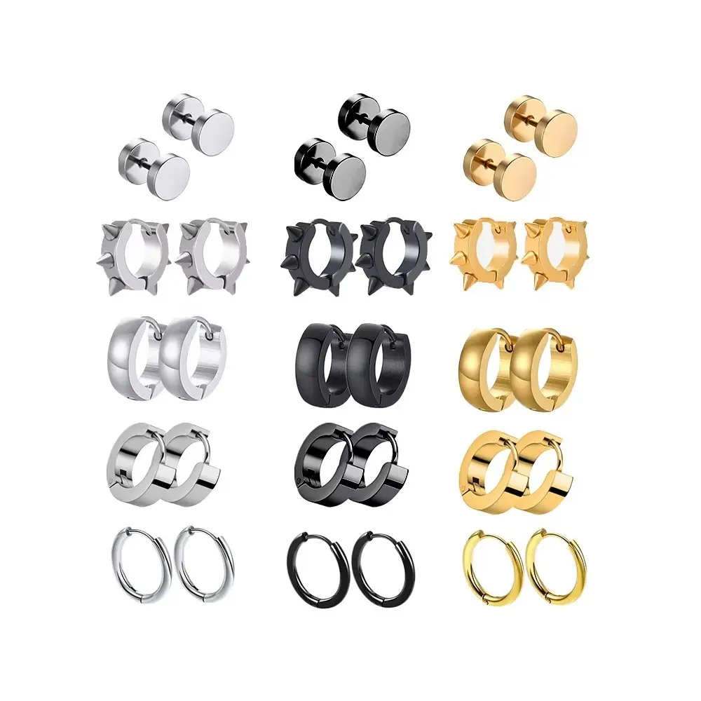 Unisex Non-Pierce Clip On Fake Piercing Stud Earrings - 1 Pair Assorted Styles, Black Gold-Plated Stainless Steel, Hypoallergenic Punk Gothic Jewelry, Sun Protective Ear Accessories for Daily Outfits & Sports, Clip On Earrings