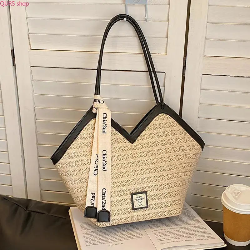 2026 Viral Women Large Capacity Woven Straw Tote Shoulder Bag, Niche Lightweight Beach Handbag Decorated with Ribbon & PU Trim, Breathable Weave Roomy Interior, Summer Essential Ideal for Beach Trips, Weekend Vacations and Daily Casual Outfits