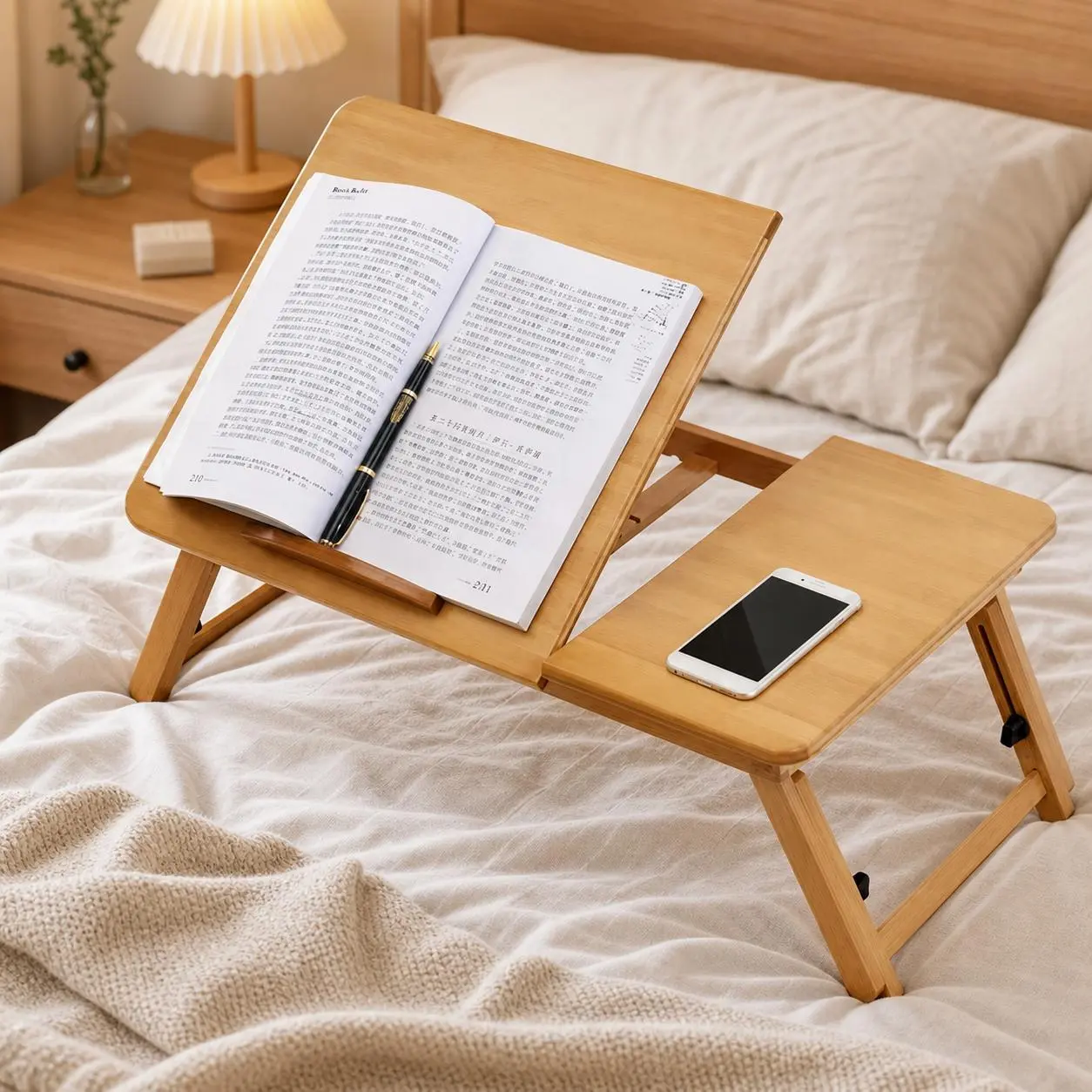 Solid Bamboo Bed Tray Table - Foldable Lazy Desk with Adjustable Tilt Top, Adjustable Legs, Portable Setup, for Laptop, Reading, Breakfast; College Dorm Shopping Essential for Bed, Couch