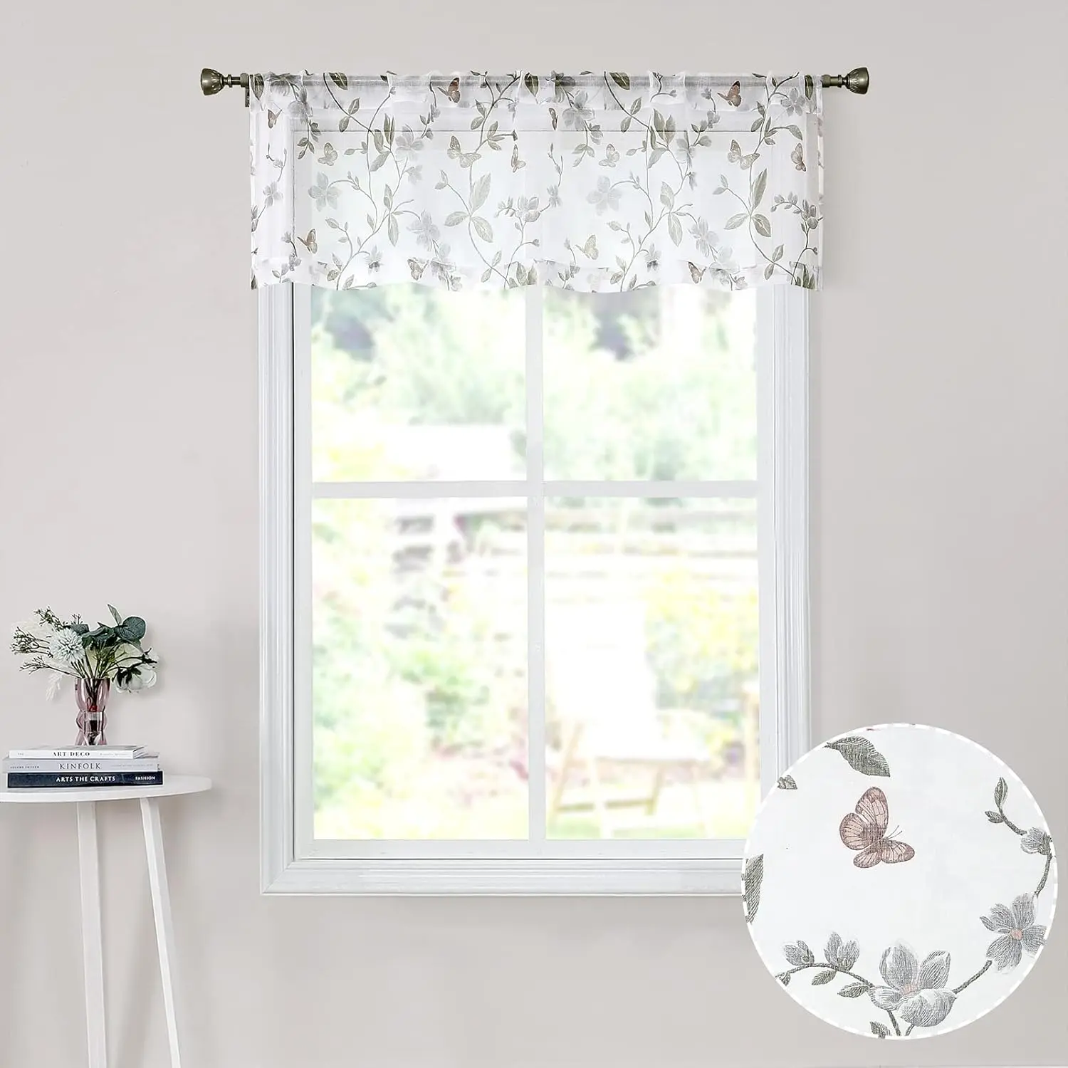 Sheer Floral Curtain Valance Grey Flower Butterfly Printed Bedroom Curtain Valances Rod Pocket Voile Faux Linen Window Valance Curtains for Living Room, 54 x 16 inches Long, Set of 1 Panel