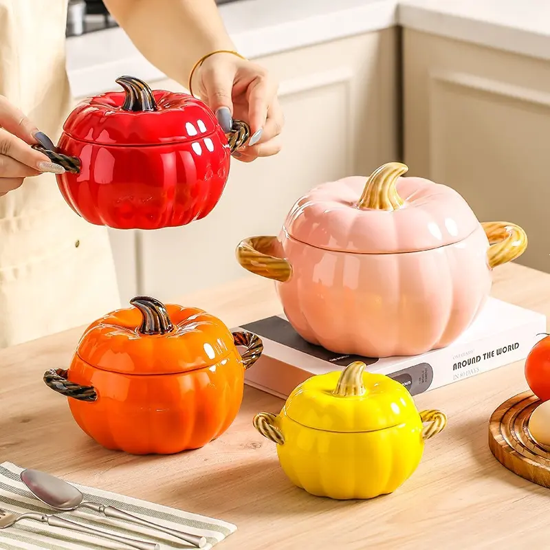 Pumpkin ceramic casserole with lid and ergonomic handle, heat-resistant soup bowl, suitable for hot pot, porridge, pasta, and is the perfect autumn kitchen decoration and holiday gift