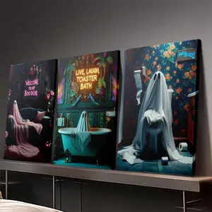 2D/Flat, 3-piece set of framed canvas posters - Ghosts for the bathroom and living room - Canvas wall art - Posters - Poster wall art - Room decoration - Bathroom wall art - Wall decoration - Living room decoration - Bedroom decoration - Home decoration -