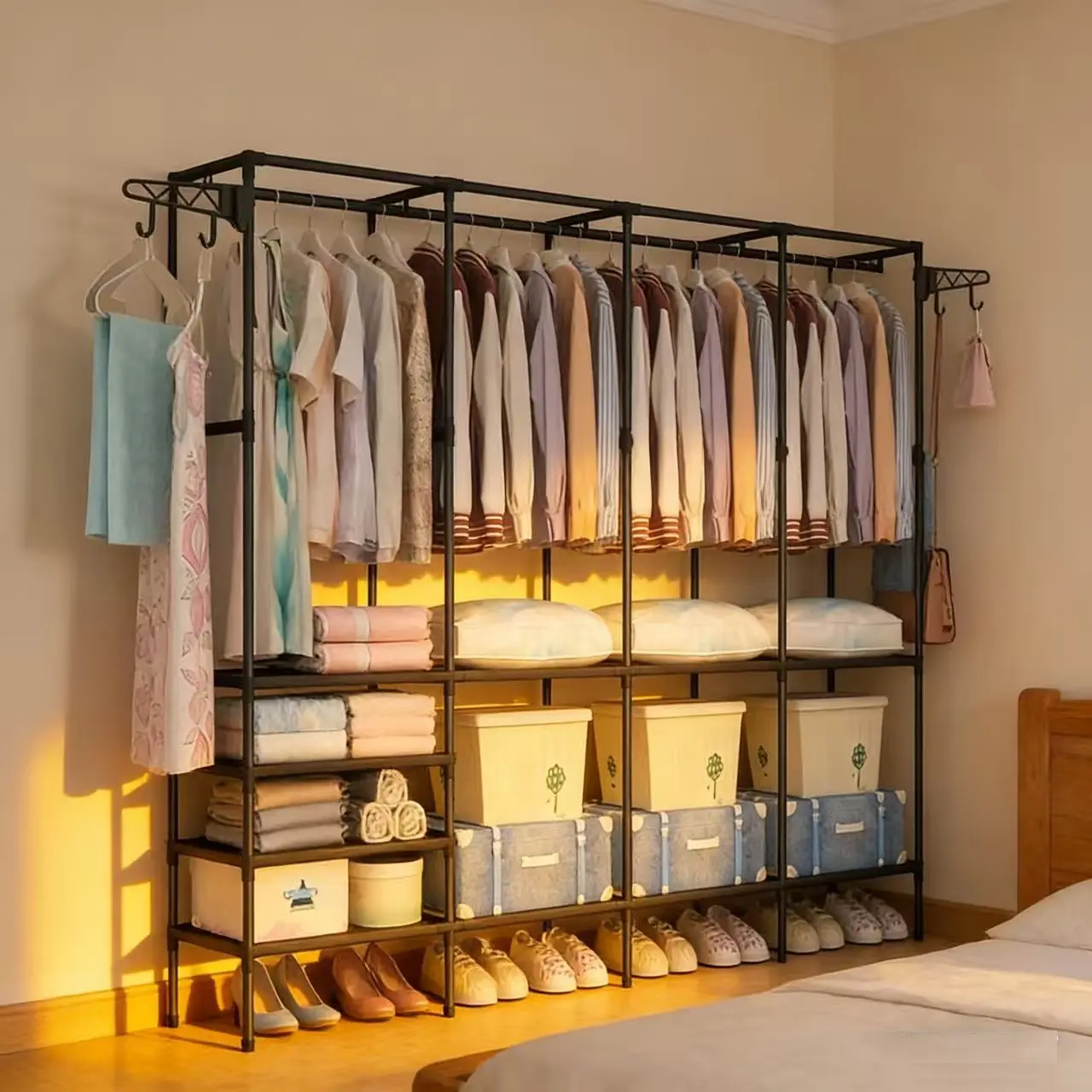 Large Multi-Tier Wardrobe Clothes Rack, Durable Metal Frame Coat Hanger, Open Closet, Closet Storage, Portable Clothes Organizer with Hooks, Easy Assembly, Two Colors Available