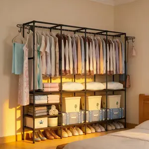 Large Multi-Tier Wardrobe Clothes Rack, Durable Metal Frame Coat Hanger, Open Closet, Closet Storage, Portable Clothes Organizer with Hooks, Easy Assembly, Two Colors Available