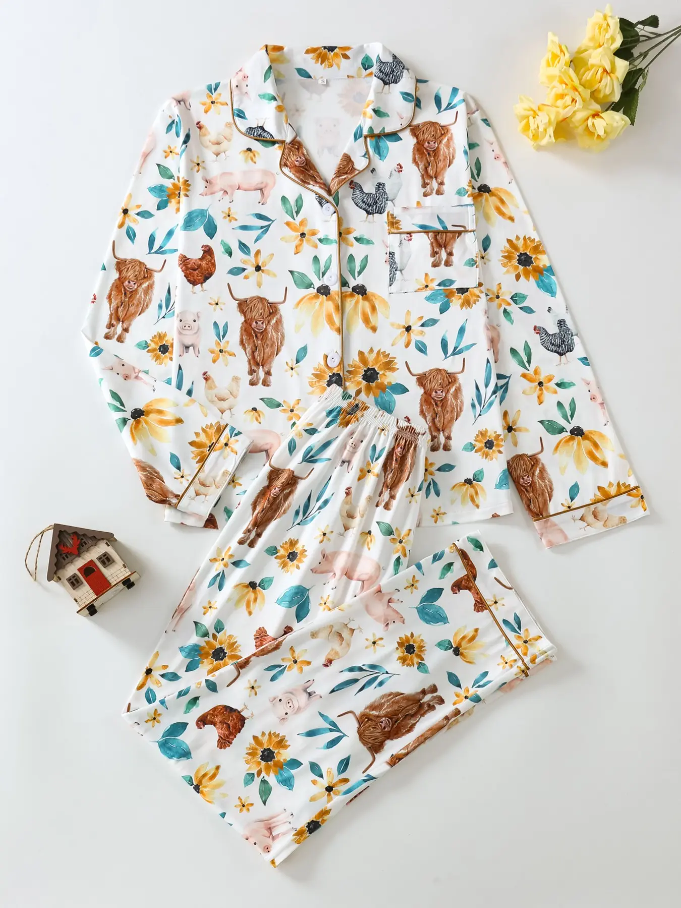 Two-Piece Rural Style Women's Pajama Set, Farm Animal Sunflower Print, Soft Comfortable Fabric, Long Sleeve Top and Pants, Casual Home Wear