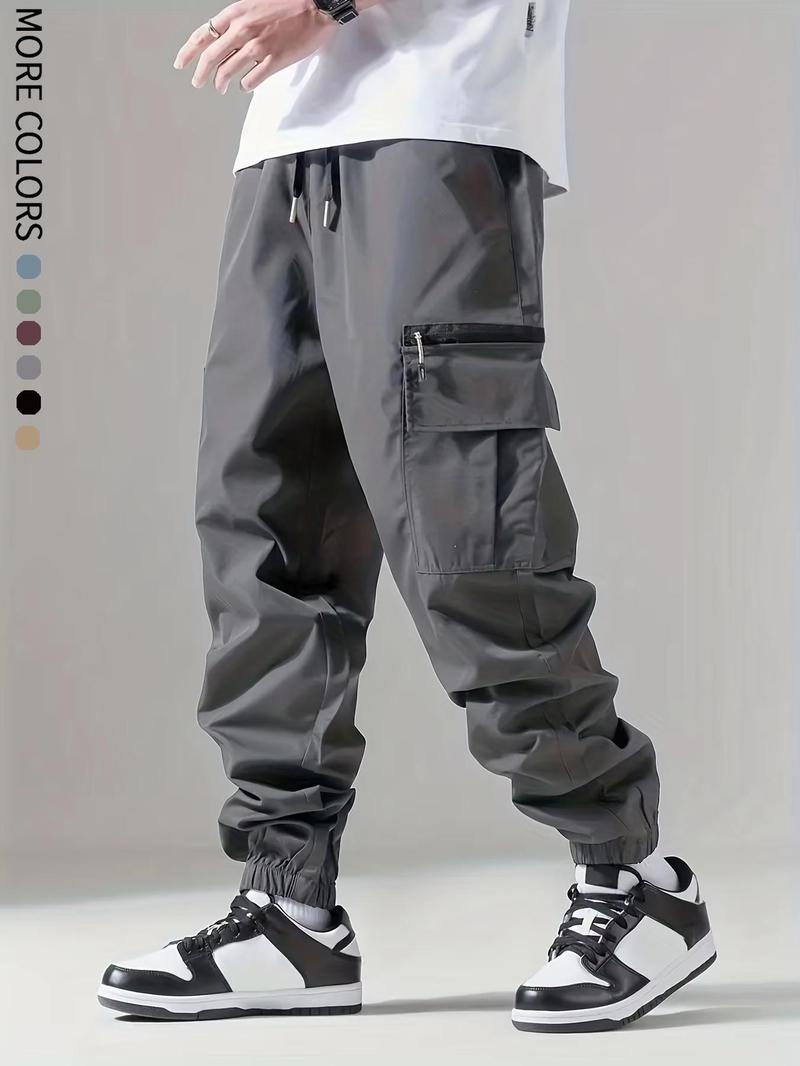 Men's solid color cargo pants with pockets and zippers, regular fit, durable and wear-resistant, suitable for everyday wear, street style men's casual trousers.