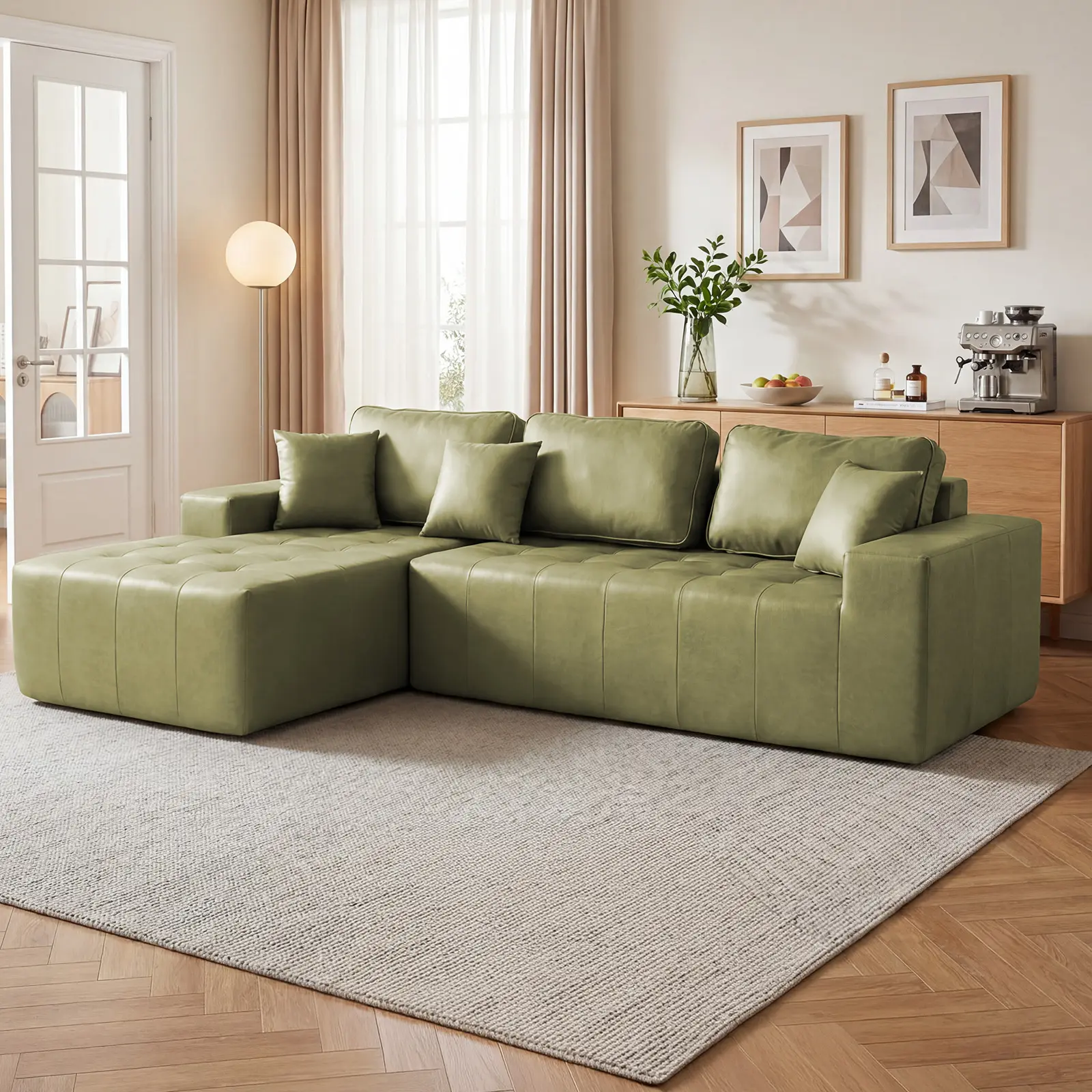 ARCH Faux upholstered L-Shaped Corner Chaise Sectional Sofa Couch with High-Density Sponge Cushions, No Assembly Required Convertible Sofa Bed for Living Room Apartment Guest Room, Green 4-Seat, Green Color Options, Faux upholstered Material