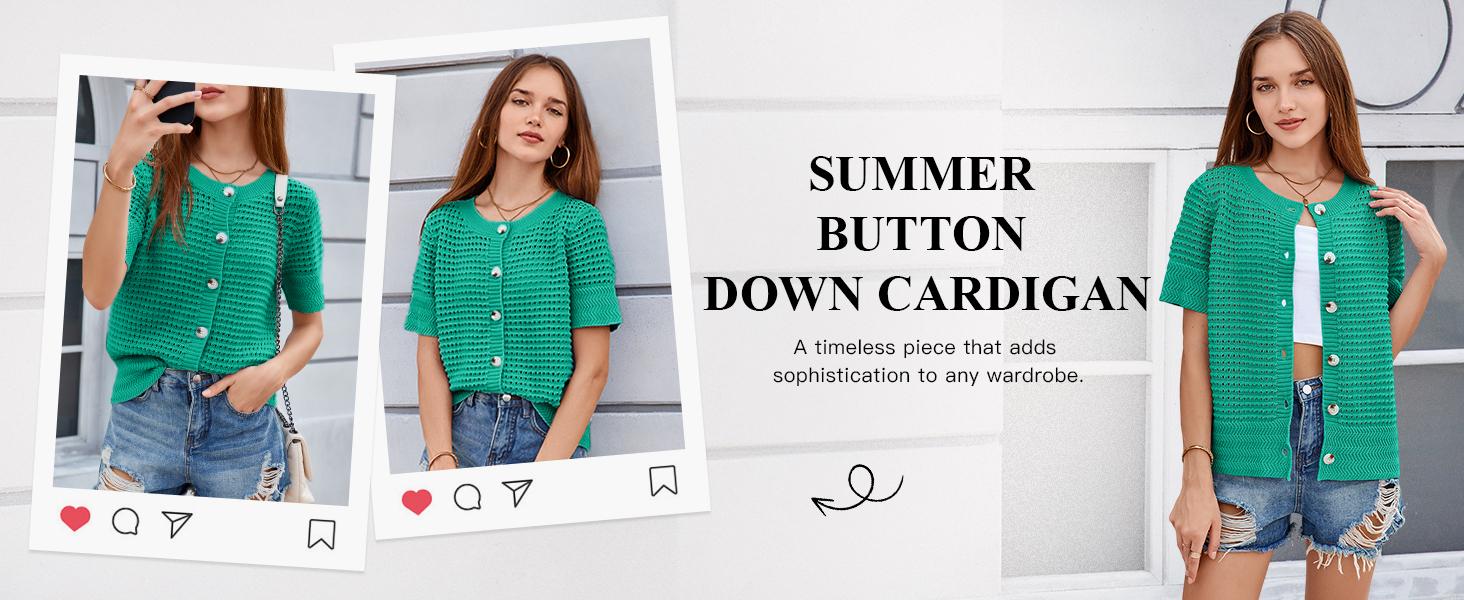 Saodimallsu Womens Crochet Short Sleeve Cardigans Button Up Crew Neck Summer Beach Knit Sweater Tops SpringStatements