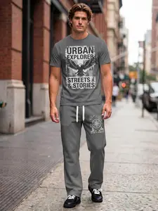 Grey Urban Explorer Men’s Tracksuit, Comfy Micro-Elastic 2-Piece Outfit, Streetwear Tee & Pants with Eagle & Map Print, Young Adult Style