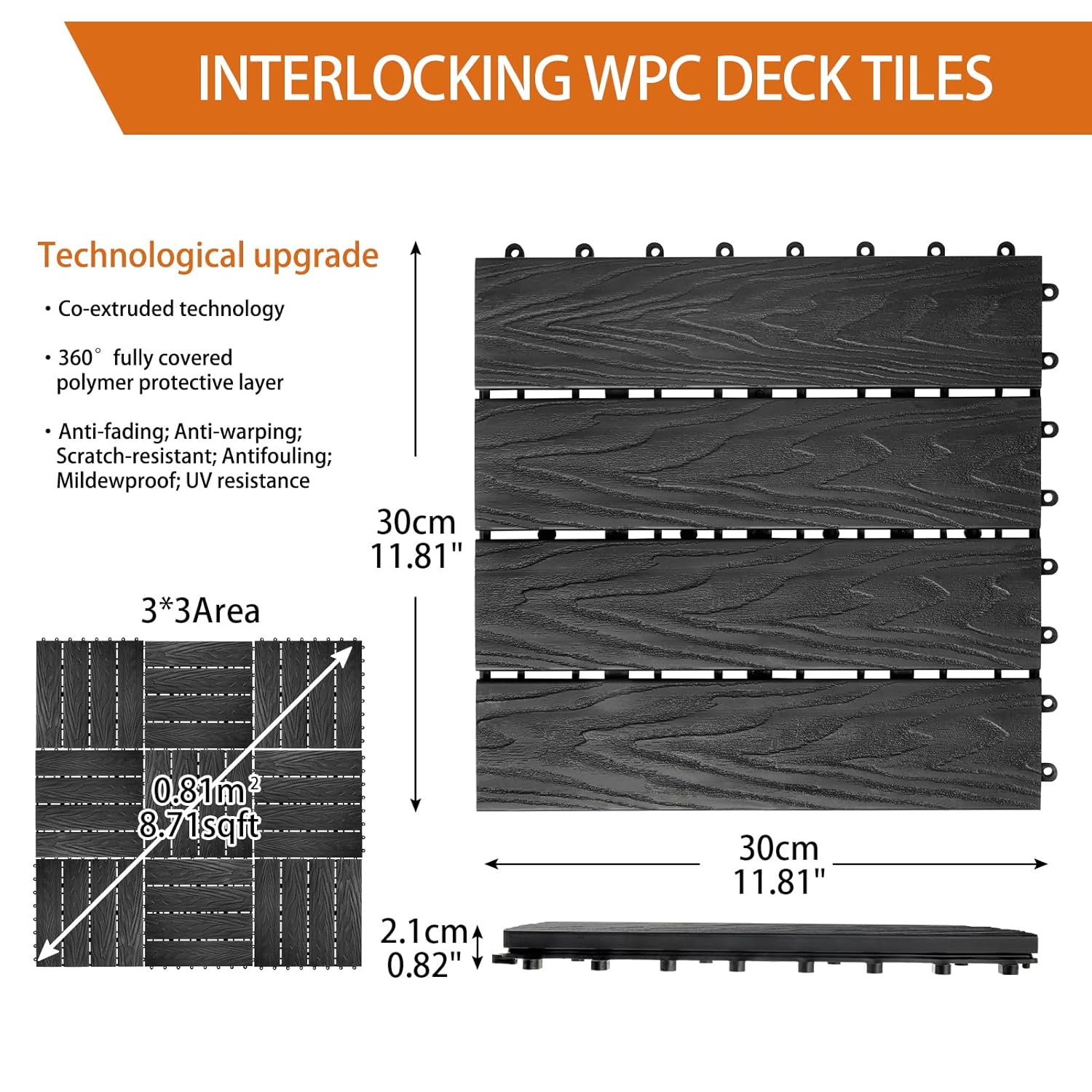Polymer Composite Interlocking Deck Tiles Outdoor,12x12 Thick Composite Patio Floor Tiles Decking Boards for  Weather Use,, Poolside,Balcony,Patio(4Pcs,Black,4 sqft)