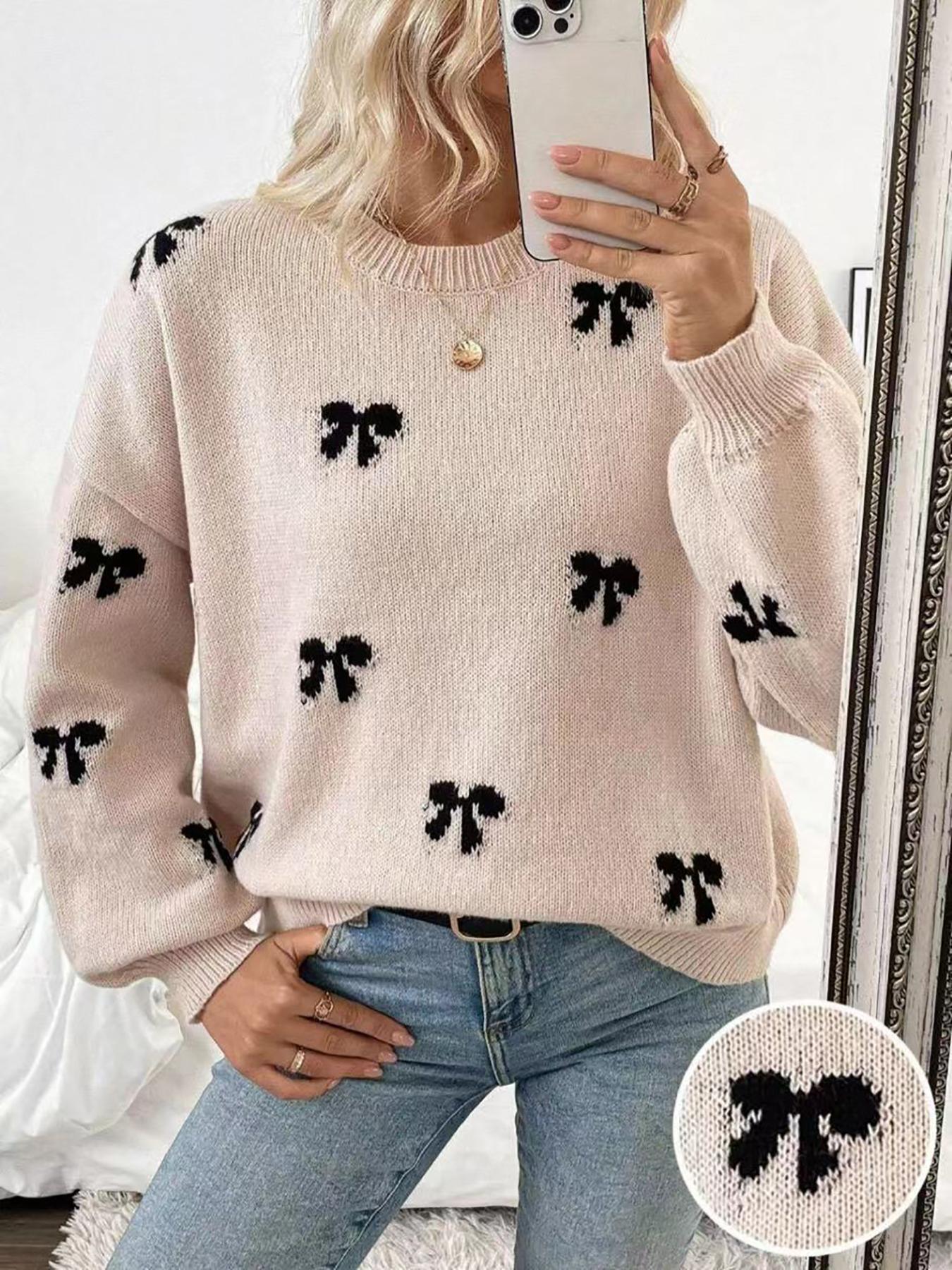 Elegant Bow Pattern Knit Pullover Sweater, Fitted Chic Long Sleeve Round Neck Casual Top for Fall & Winter, Women's Fashion Daily Wear
