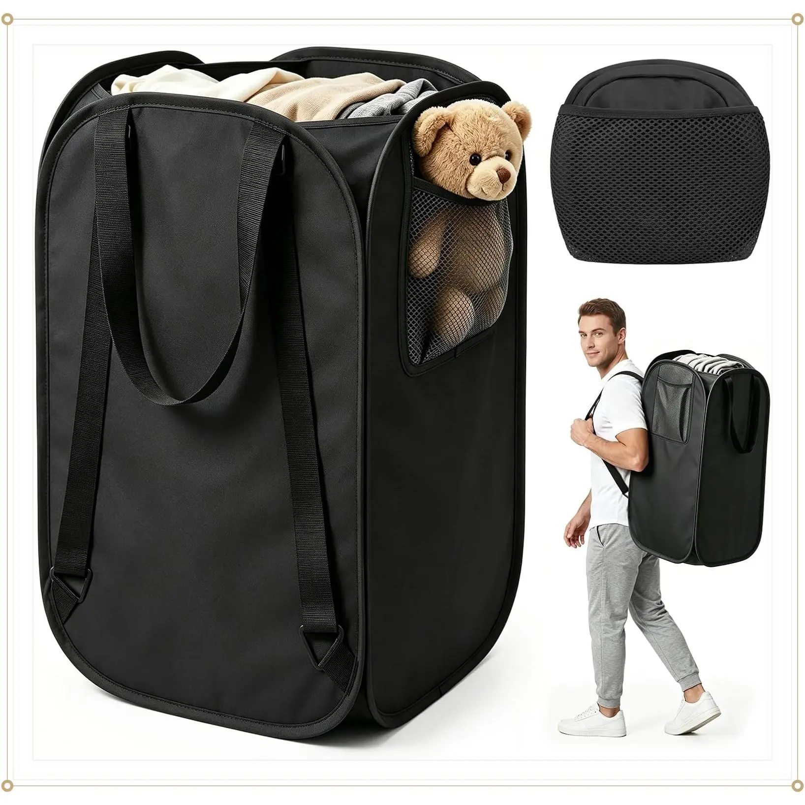 76L Heavy Duty Laundry Backpack, 210D Oxford Foldable Laundry Bag with Adjustable Shoulder Straps for College Dorm and Travel, BlackGift
