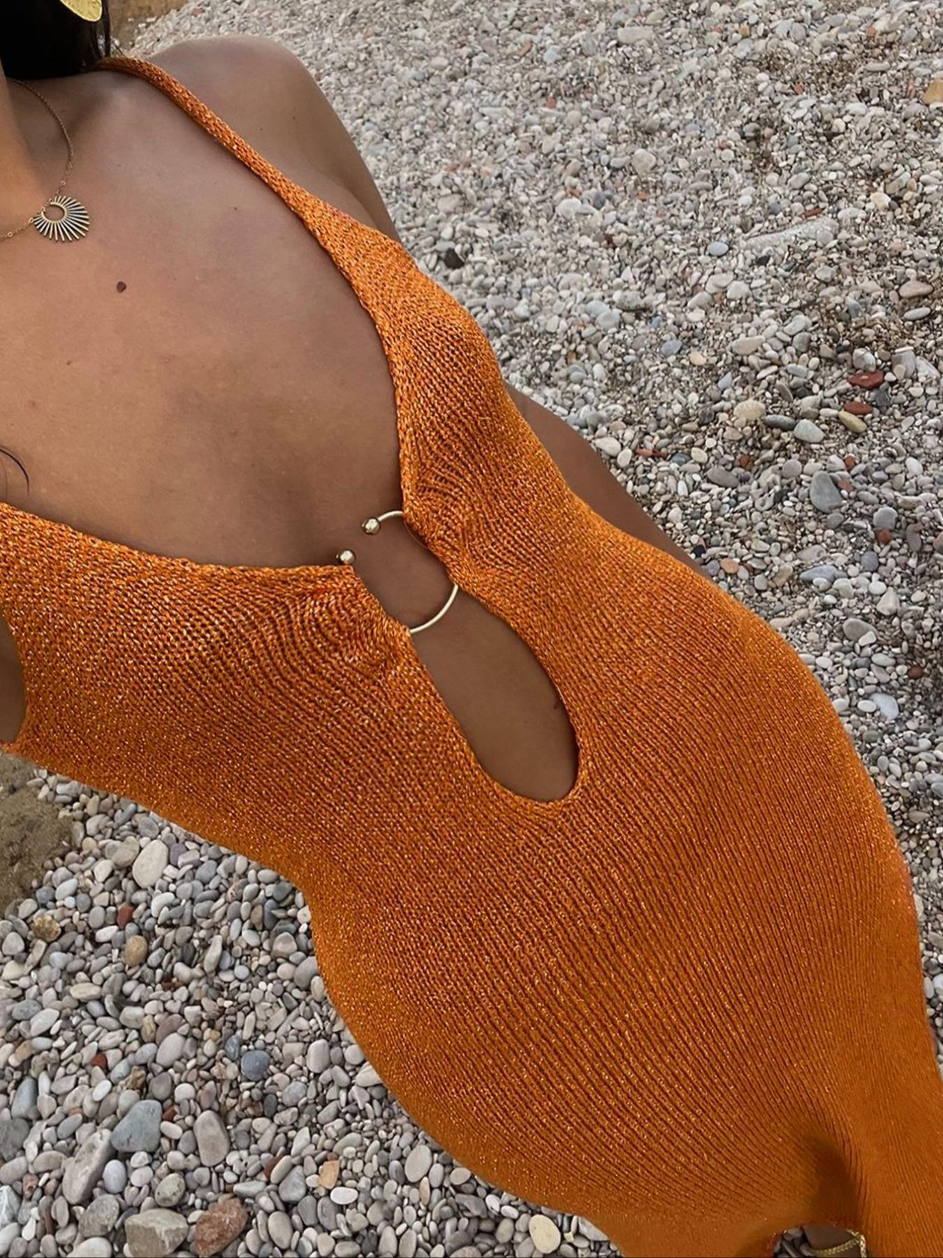 Elegant French Style Deep V Neck Sleeveless Knit Dress, Summer Party Vest Top, Beach Vacation, Fitted Plain Design