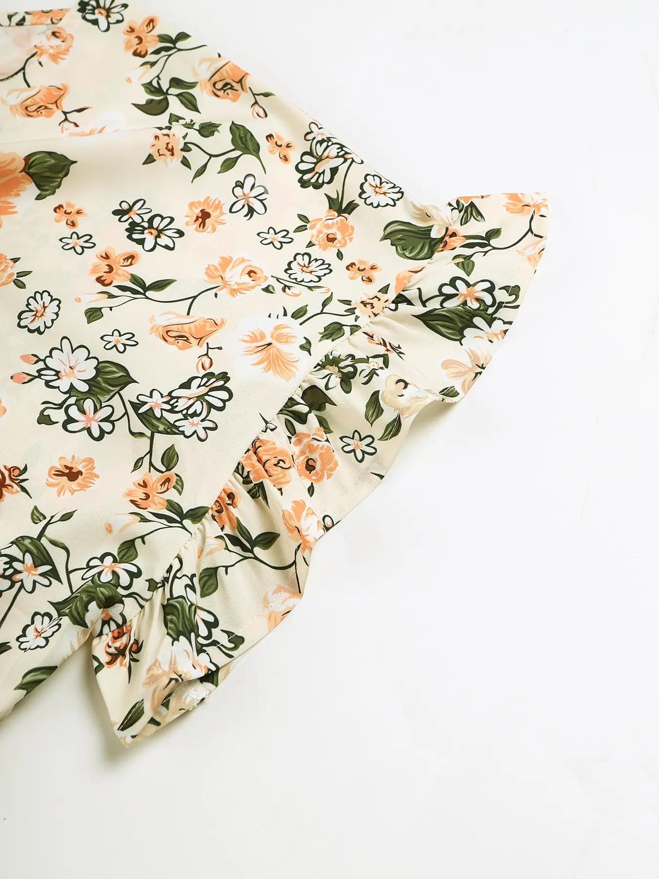 Women's Floral Print Ruffle Smock Dress, Casual Fashion Short Sleeve Round Neck Knee Length Dress for Summer, Women's Dress for Beach Holiday Vacation, Womenswear