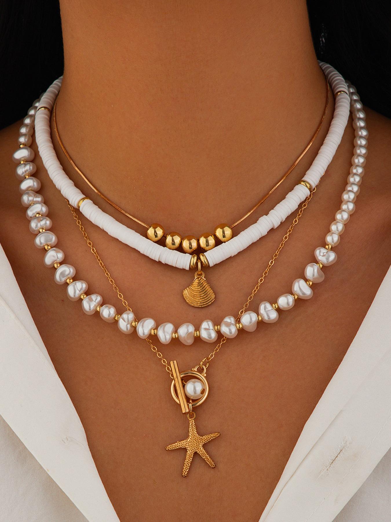 4-piece Boho Style Faux Pearl & Starfish & Shell Decor Necklace, Fashion Summer Style Jewelry for Party, Daily Clothing Decor, Trendy All-match & Exquisite Jewelry for Birthday Gift, Trendy Charms Necklace, Beaded Necklace, Daily Wear Necklace