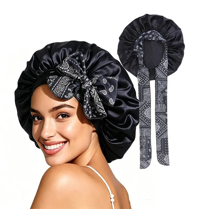 Women's Viral Black Satin Sleep Bonnet with Paisley Bandana Tie Band, Long Ribbon Bow Knot, Silky Hair Protection for Curly Natural Hair, Hairline Care Sports Headband for Daily Lounge