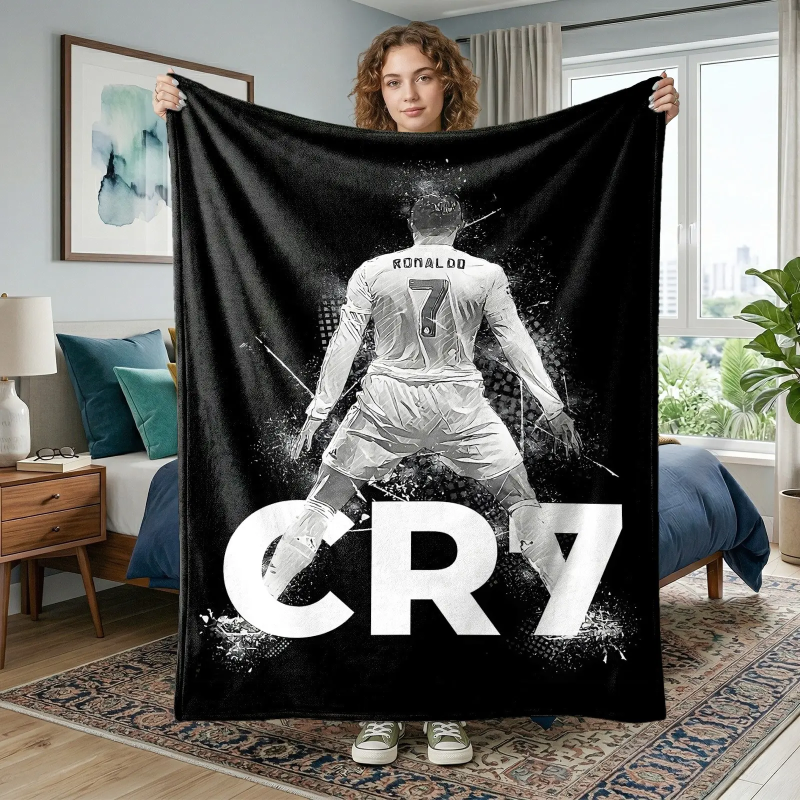 1pc CR7 Football Legend Fleece Blanket, Soccer Player Back View, Number 7, Black-and-White Ink Splatter & Stadium Energy Print, Passionate Sports Style. Soft Warm Multi-use Throw for Sofa, Bed, Office, Camping, Perfect Fan Gift.