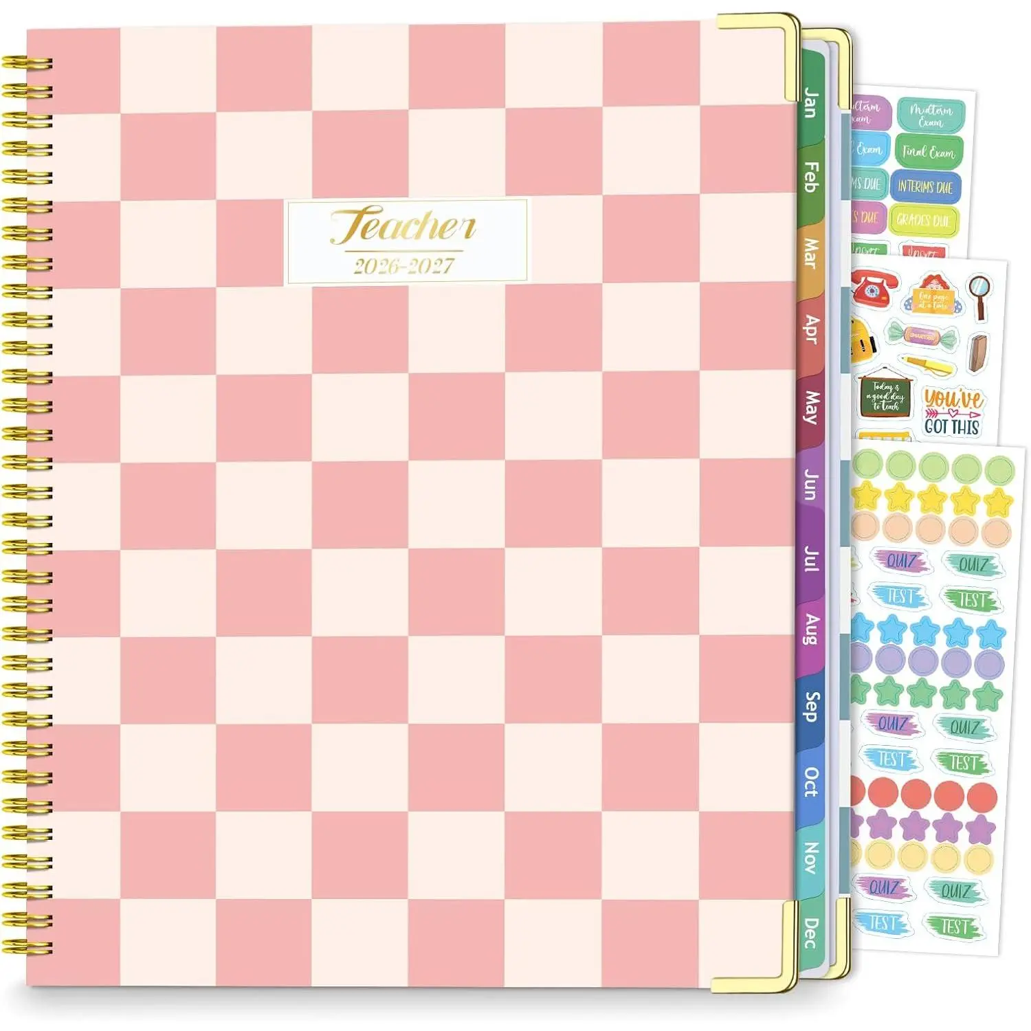 Teacher Planner 2026-2027, Jul 2026-Jun 2027 Academic Year, 8.5" x 11" Lesson Planner Book for Teacher Calendar, Spiral Bound Planners, Colorful Monthly Tabs, Planning Stickers, PinkCheckered