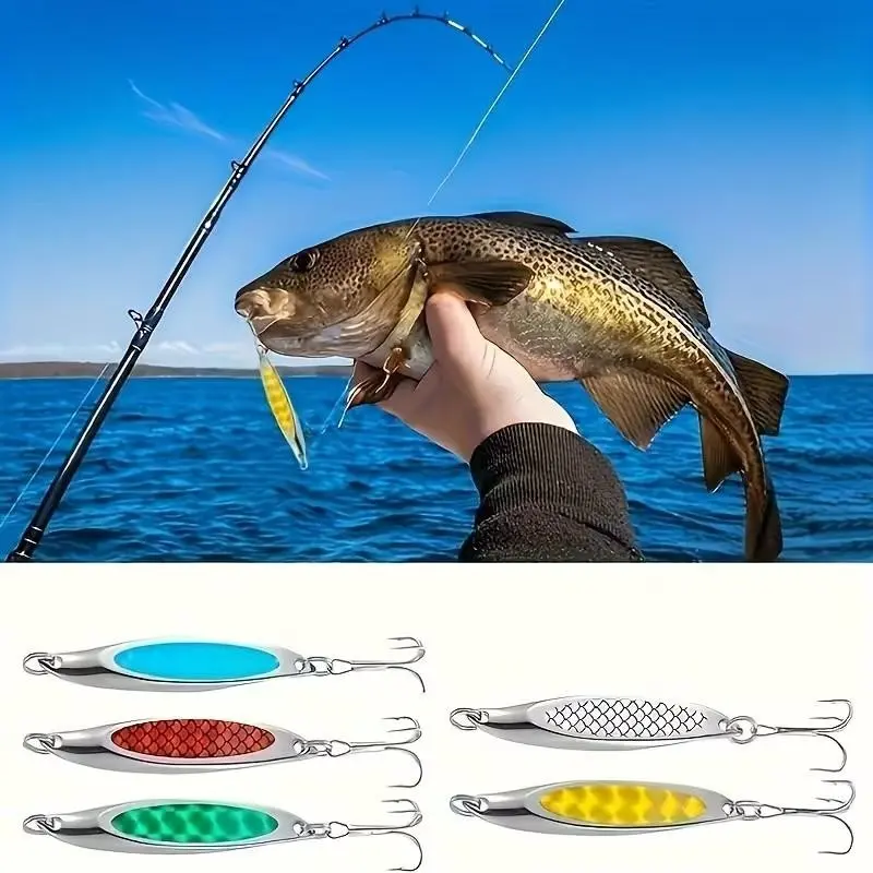 5pcs Beveled Sequin Flash Bait, Iron Plate Metal Sequin Bait with Three Hooks, Ideal for Shore Long-Distance Casting, Fishing Bass & Trout, Artificial Fishing Lures
