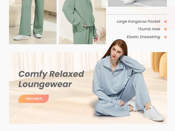 Casly Lamiit Women's 2 Piece Outfits Lounge Set 2026 Oversized Half Zip Sweatshirt & Wide Leg Sweatpants Navy Blue Minimalist Cozy Fabric Trendy Design All Match Longsleeves SpringStatements