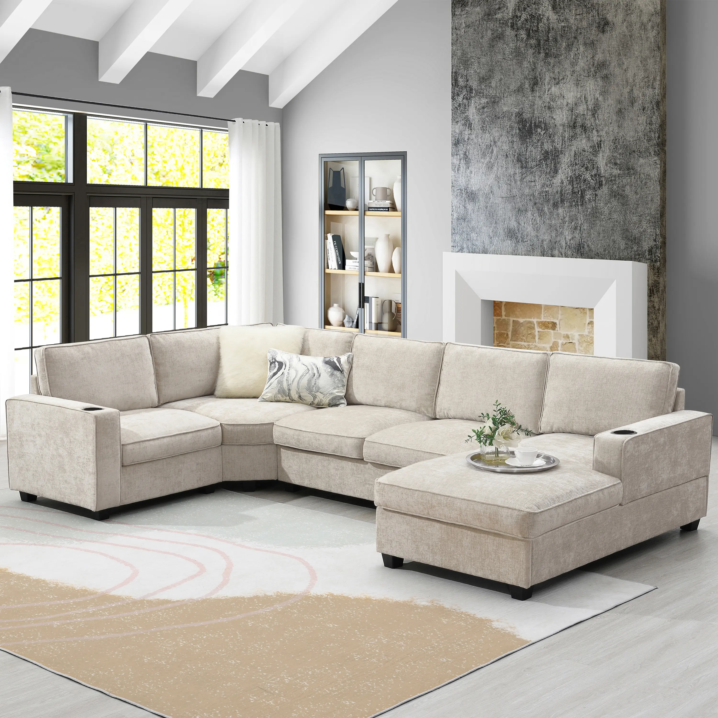 ARCH 117.5" U-Shaped Sectional Sofa 6 Seat Chenille Corner Couch Set with Cup Holders Oversized Chaise Lounge Irregular Corner Comfy Sofa for Living Room Apartment Beige, Beige Color Options, Chenille Material, 6 Seat Seat Count, Product Dimensions: