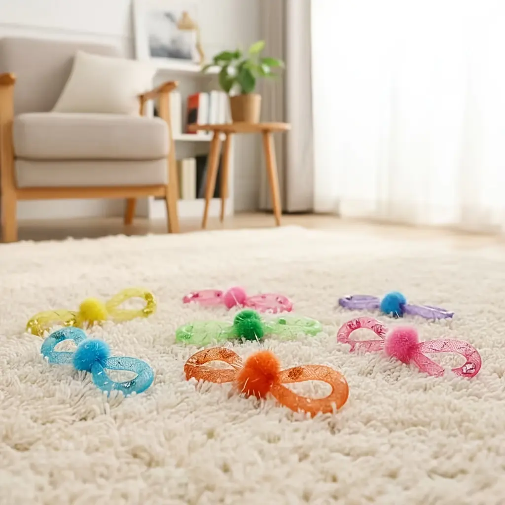 6pcs Colorful Bowknot Cat Toys with Pom-pom, Interactive Cat Chew Toys for Indoor Cats, Bite-Resistant Kitten Teething Toys, Assorted Colors