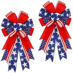 2 Pack 20x11 Inch Large 4th of July Wreath Bows, Pre-Tied Patriotic Wired Ribbon Bow, Tree Topper Bow for Front Door Outdoor Decoration, For Independence Day Memorial Day, Blue