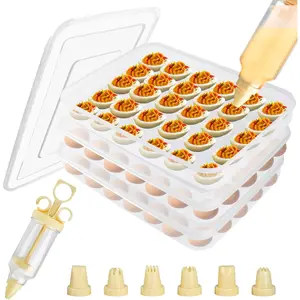 3 Pcs 90 Slots Deviled Egg Containers with Lids Plastic Deviled Egg Platter Stackable Egg Carrier Reusable Deviled Egg Holders with Piping Tool Set for Thanksgiving Easter Party Picnic
