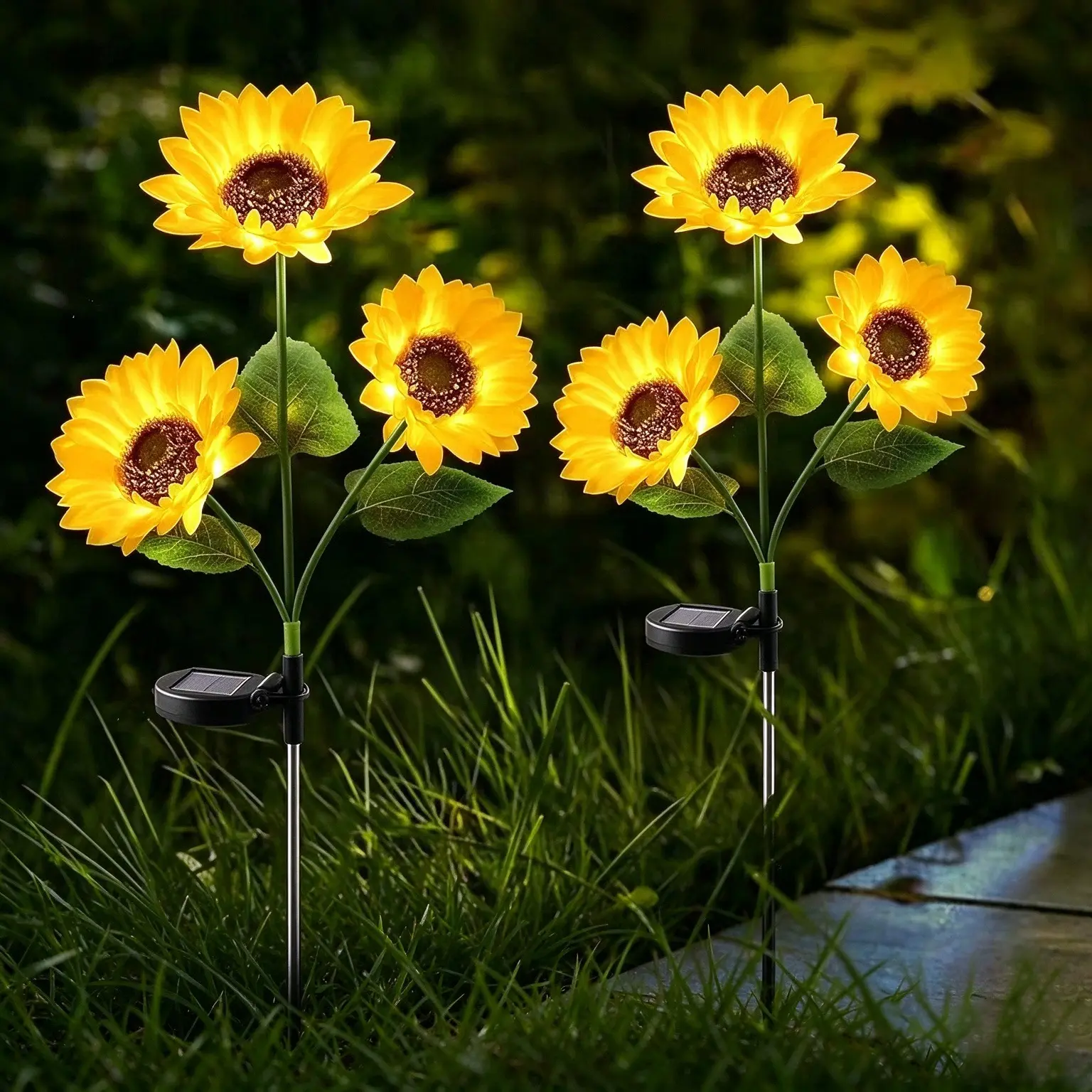 2PCS Solar Sunflower Lights, Warm White Automatic Solar Pathway Lights with Separate Solar Panels, Realistic Outdoor Flower Decorations for Gardens, Patios, Yards and Lawns