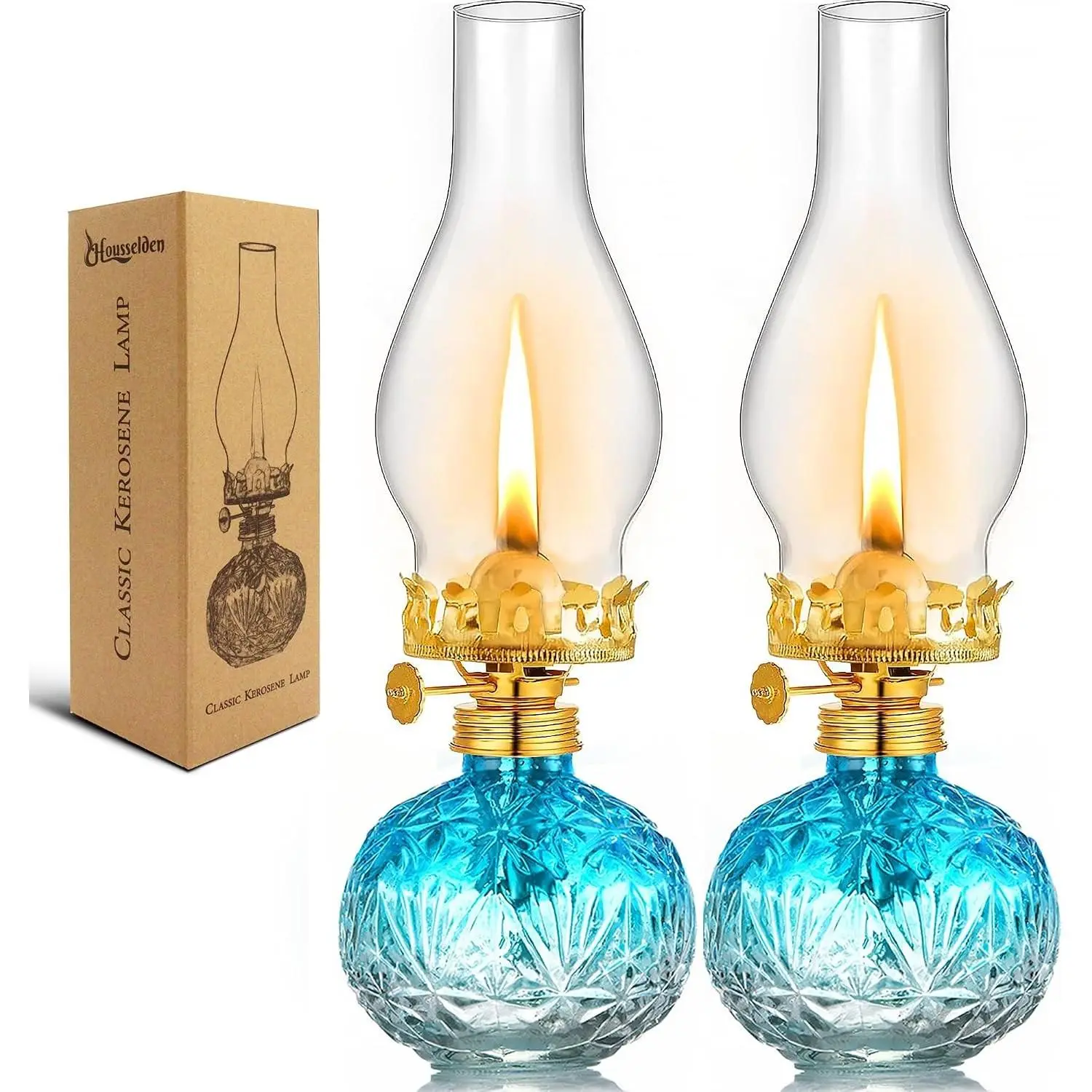 2 Pcs Chamber Oil Lamps for Indoor Use Lantern Kerosene Hurricane Vintage Glass Lamp, Large Classic Decor Lamp for Home Emergency Lighting 11Inch Height (Gradient Blue)