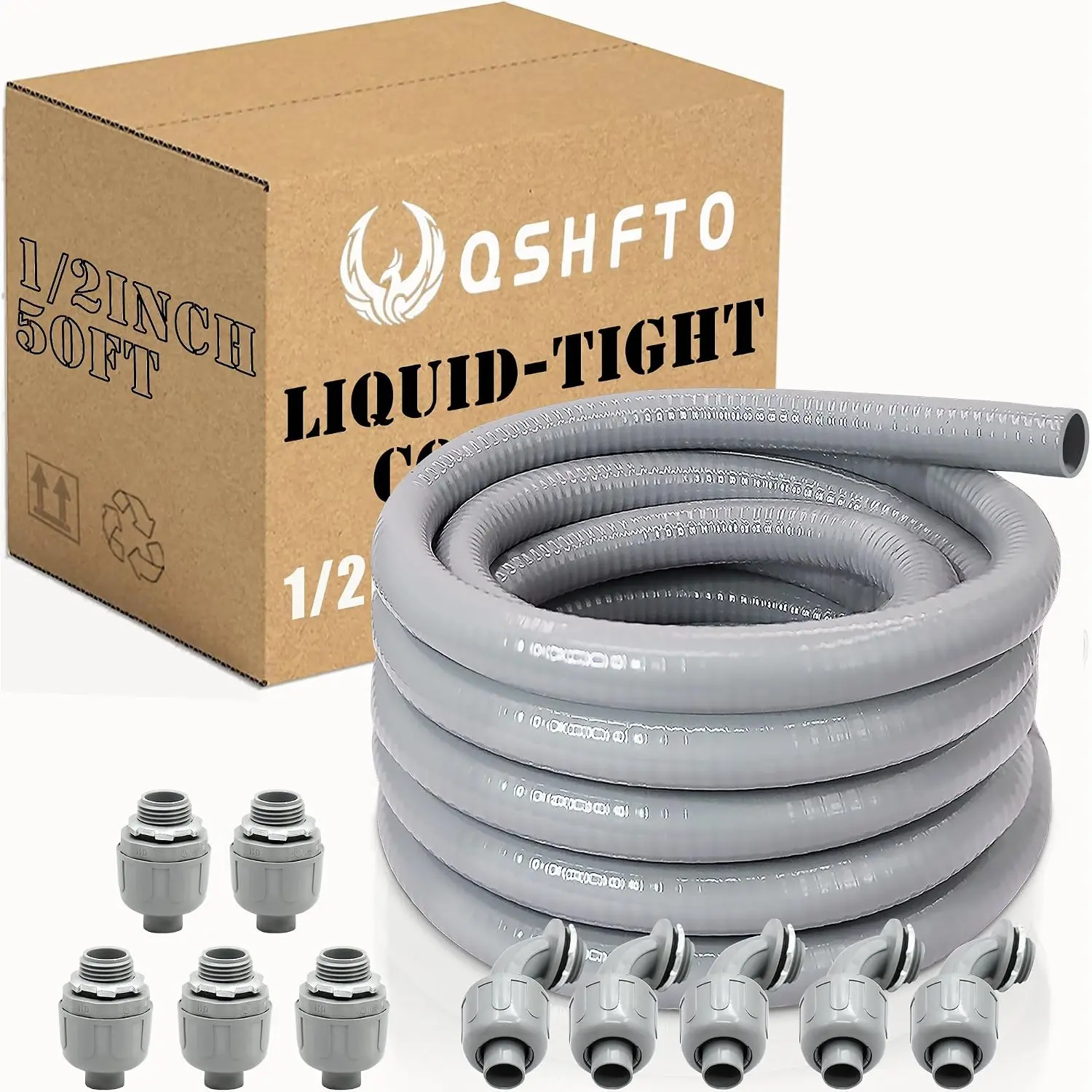 1/2 Inch Liquid-Tight Conduit and Connector Kit - 50 FT Non-Metallic Conduit with 5 Pcs 180° Straight and 5 Pcs 90° Fittings
