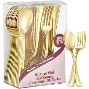 100 Combo Pack 50 Gold Mini Forks And 50 Gold Mini Spoons 4 Inch Dessert Forks And Spoons - Heavy duty Mini Cutlery for Tastings, Cocktails, Dessert Cups